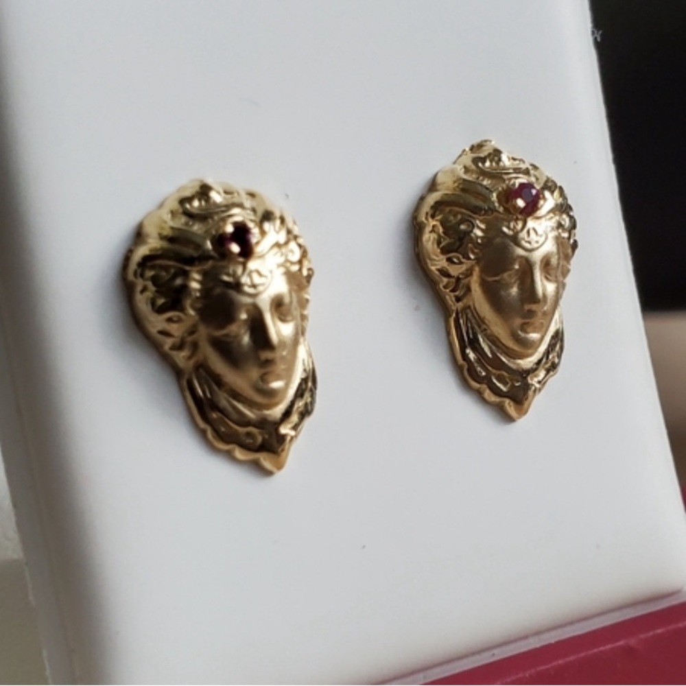 Rare 14K Solid Gold Earrings with Ruby Third-Eye – Divine Mystical Beauty
